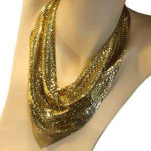Vintage 1960 Gold metal mesh chain mail Whiting & Davis bib necklace